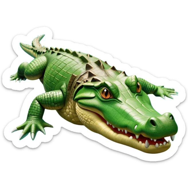 cinematic-crocodile-realistic-full-body-on all fours-emoji,-massive-scaled-body-partially-submerged-in-shallow-water,-head-tilted-dramatically,-rough-green-and-brown-hide-textured-with-deep-ridges,-simplified-yet-realistic-focused-features, head held high sticker