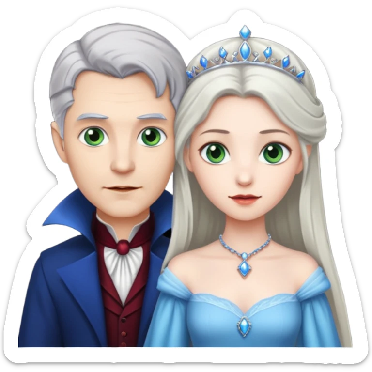 A vampire man with gray hair and blue eyes and a princess with light brown hair and green eyes sticker