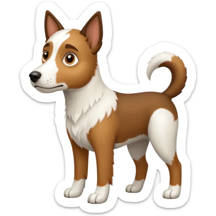 a full body large white parson russell looking dog the size of a kelpie with light brown flapped down ears and a light brown patch on one eye and a large snout sticker