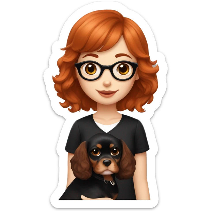 Auburn red-haired girl with bangs and short hair and black glasses and black clothes presenting a Blenheim Cavalier puppy sticker
