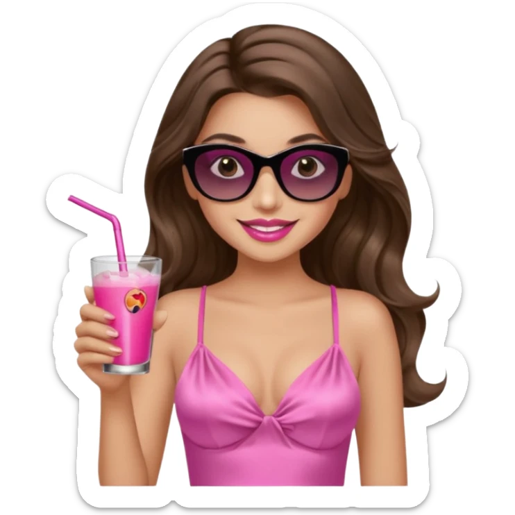 girl with long wavy brown hair, brown eyes, long lashes makeup, sexy pink lips, smiling, light to medium complexion, wearing a pink sexy silk top, relaxing in a beach chair, wearing black sunglasses, holding a drink sticker