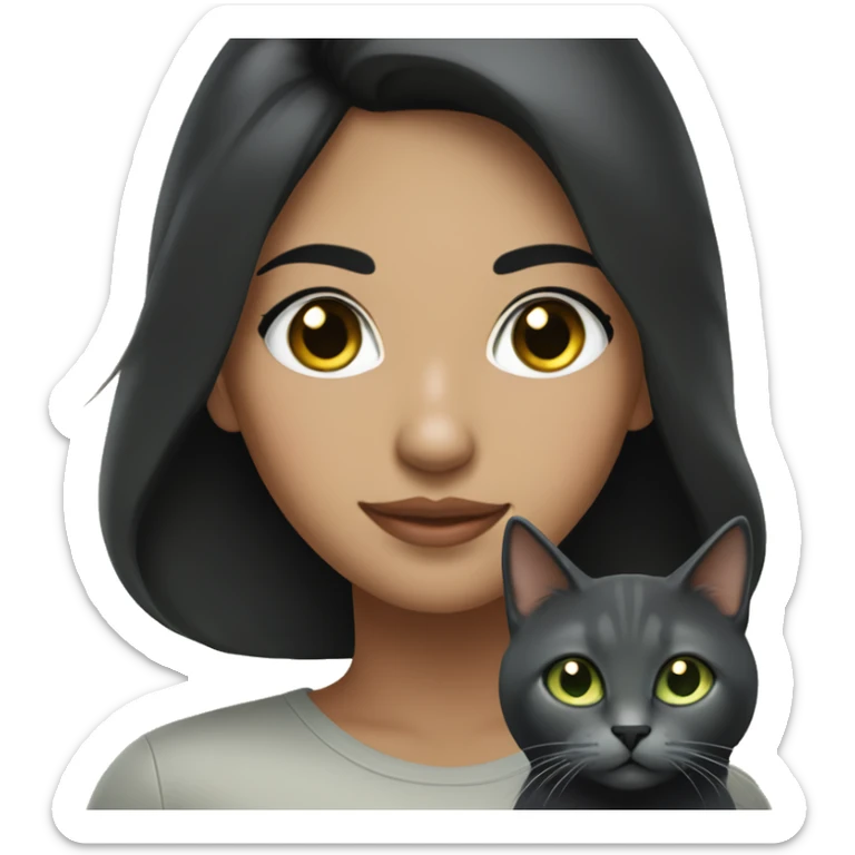 A Hispanic woman  with light freckles with  long black hair holding a Dark gray cat with light green eyes sticker