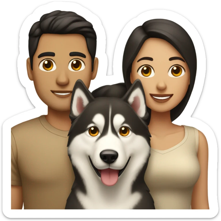 A couple man and woman Both have dark hair, with in the middle of them. A Husky. Golden beige sticker