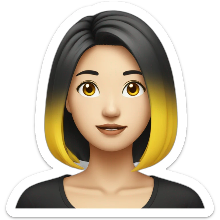 Female asian round face with black untied yellow highlighted hair in a black shirt sticker