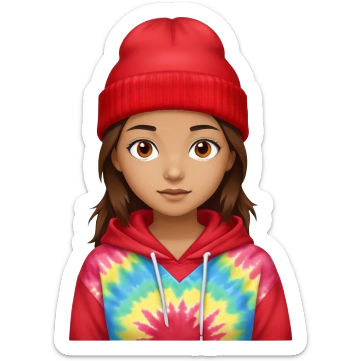 brunette girl with a red beanie on and a tiedye hoodie sticker