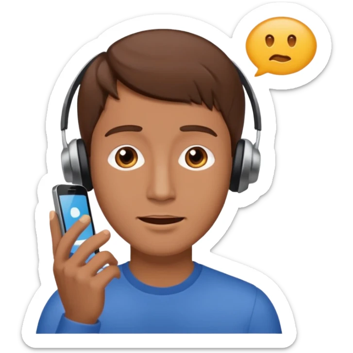 man with brown hair listening to a voice message on the smartphone. no earcuff sticker