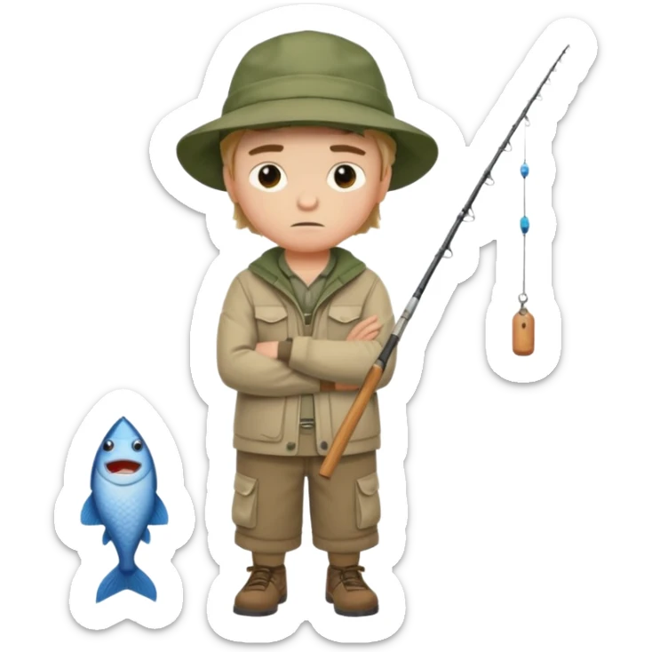 A boy with crossed arms, looking annoyed, dressed in fishing clothes full body sticker