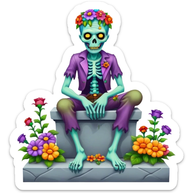 Cinematic ultra detailed 32k HD Psychedelic colored hippie style zombie with flowers sitting on a tombstone sticker