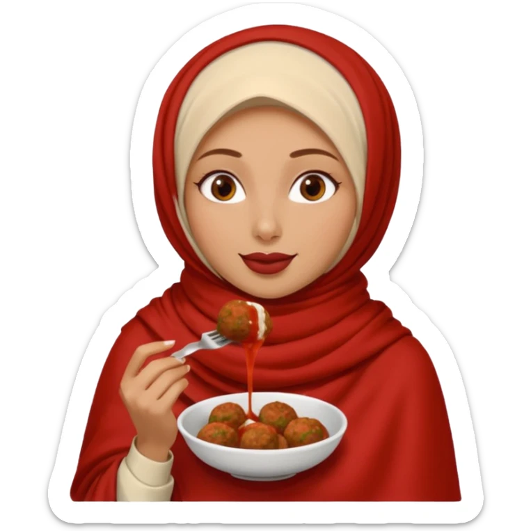 woman wearing a cream colored pashmina hijab eating meatballs sticker