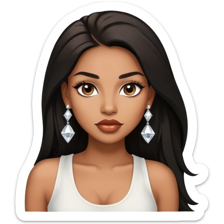 light brown skin tone, very beautiful woman, with big plump lips, long long lashes, black straight long hair, brown eyes, white tank top, diamond stud earrings sticker
