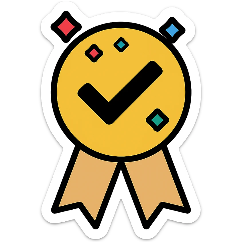 vector icon of a gold master choice award with colorful gems, elegant minimalist flat design, award badge style, 2D flat vector, trending icon look, soft shadows, no text, isolated on white background, commercial use sticker