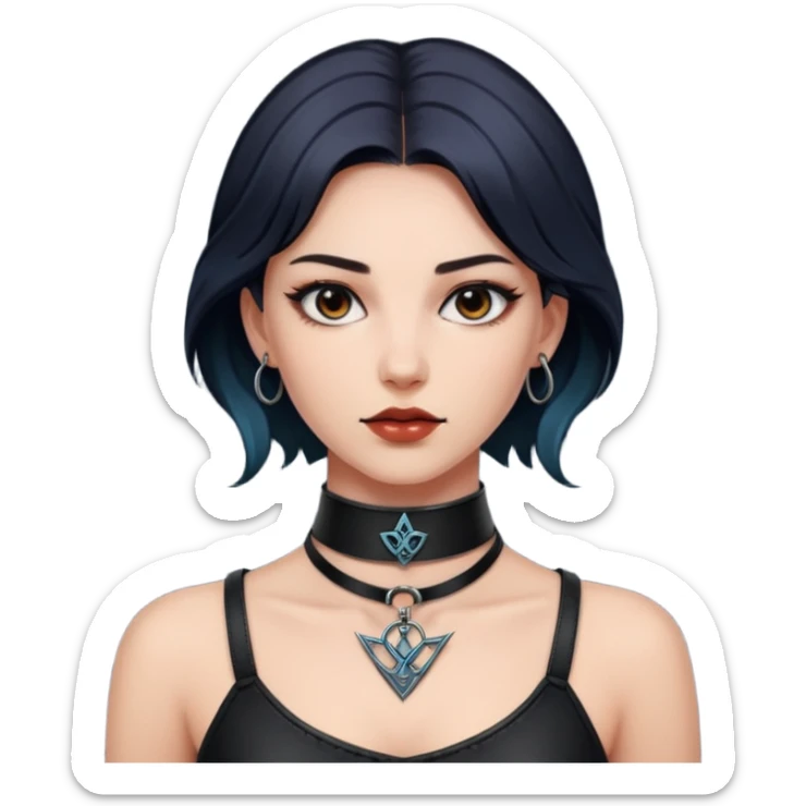 Leather choker with sigil around woman’s neck, pulse visible, dominance tone sticker