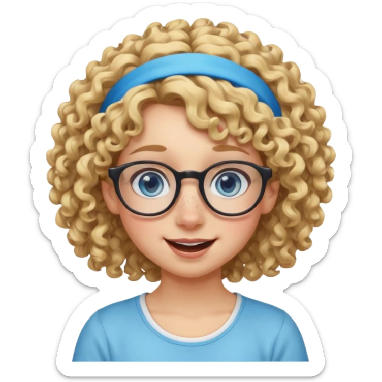 blond kid with unique face features and very curly hair kid girl happy and big glasess and big nose and very blue eyes and headband with freckles sticker