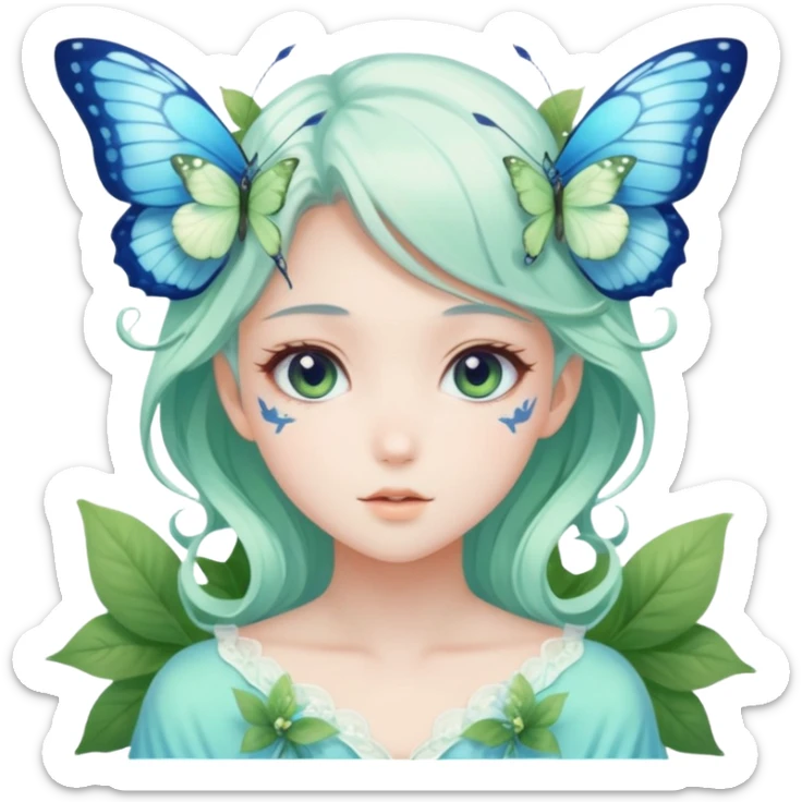 Beautiful pastel white and green and blue fae-butterfly-floral-anime-lady divine gorgeous beautiful with nature background  sticker