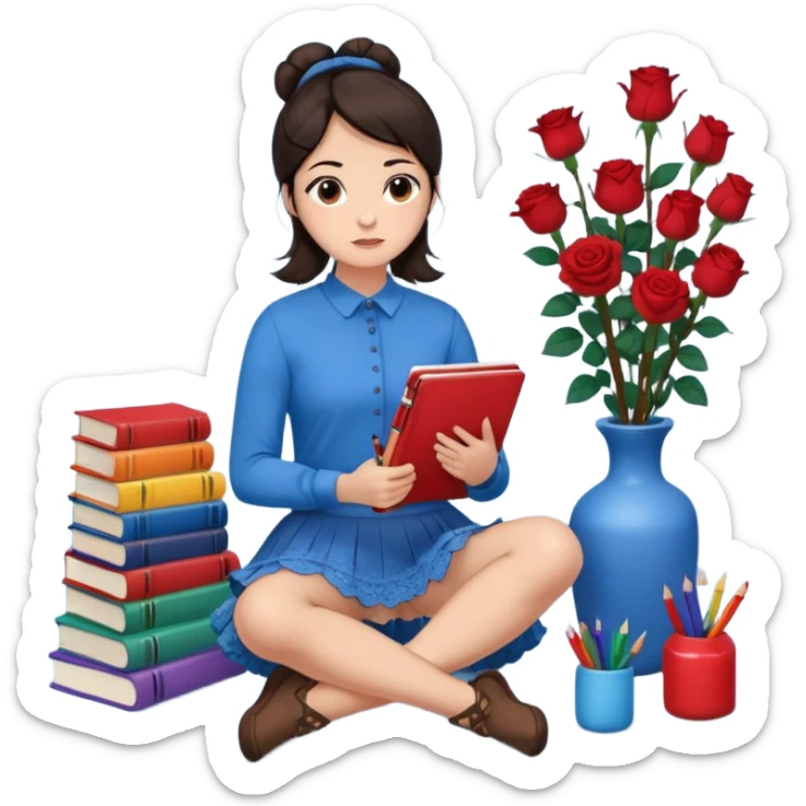 A woman with dark hair, straight and dark brown, styled in two buns, wears a blue long-sleeved shirt and a brown lace ruffled skirt. She holds a crayon in one hand. She sits on the floor with her legs crossed. The floor is covered with five stacks of colorful notebooks and a vase of red roses.  sticker