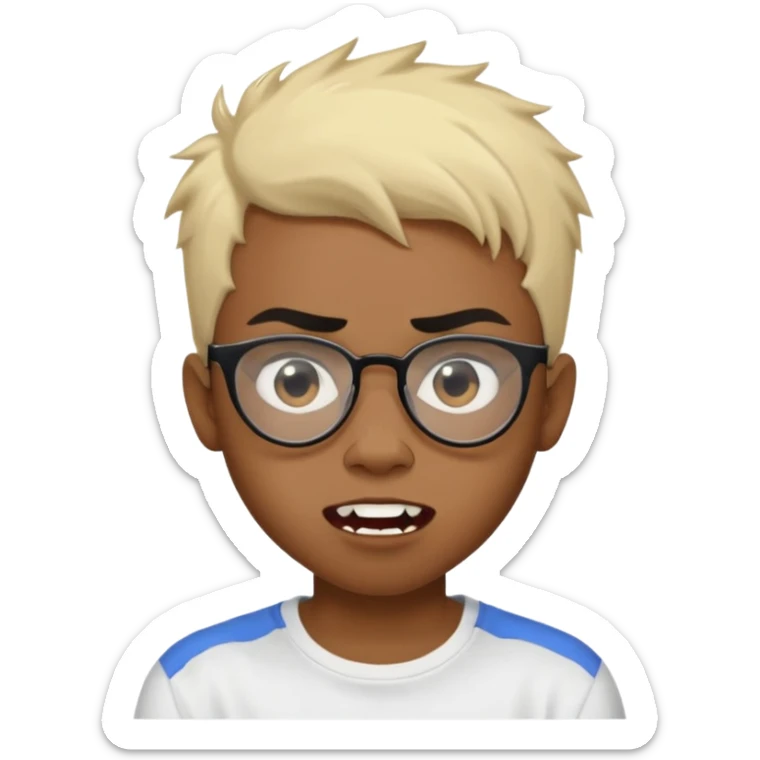 Black Male Teenager with Short punk messy blonde hair, Dark brown bushy eyebrows large expressive golden-brown eyes, wearing a plain white t-shirt, wearing thick black glasses, Dark Brown skin color. vampire tooth sticker