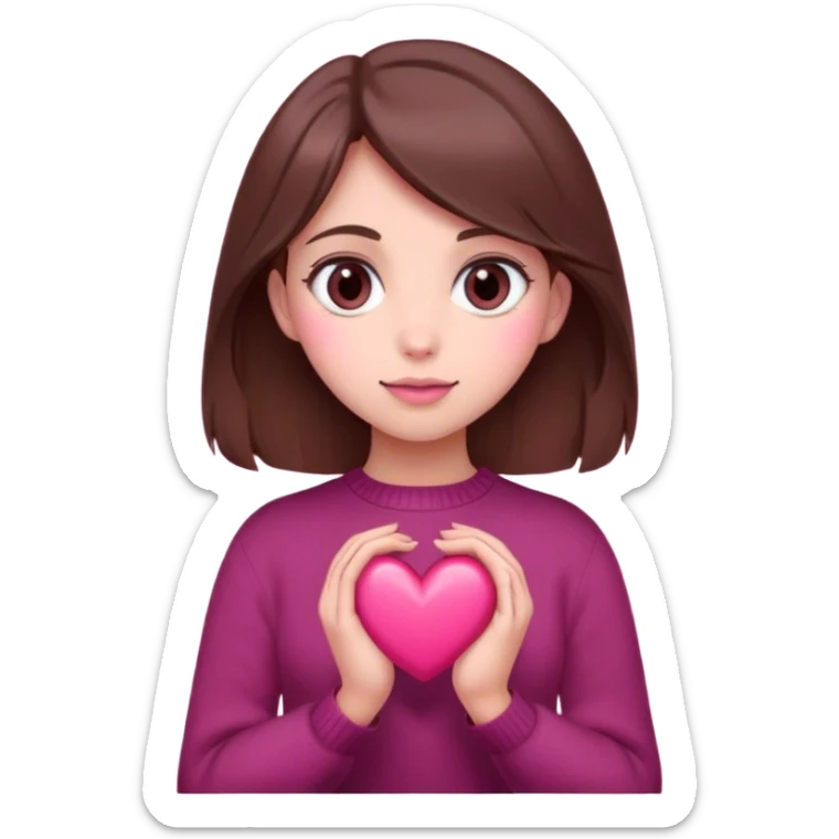 A girl with brown hair smiles, gray eyes, wearing a burgundy sweater, holding a pink heart in her hands sticker