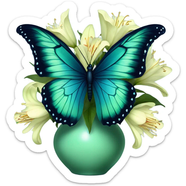 Aesthetic butterfly with blue and green  wings sitting on a dark blue bouquet of Lilies in a pastel green vase sticker