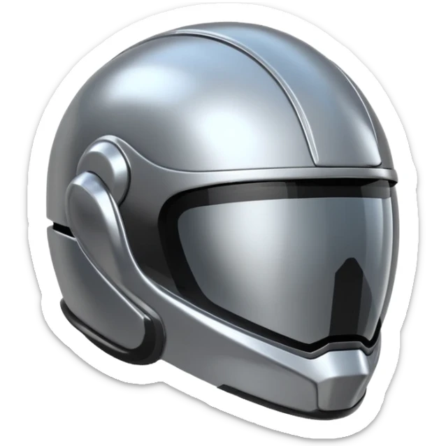 A futuristic helmet emoji made of silver chrome, smooth aerodynamic shape, minimal visor detail, reflective metallic surface, sci-fi aesthetic, iOS emoji style, centered on clean white background sticker