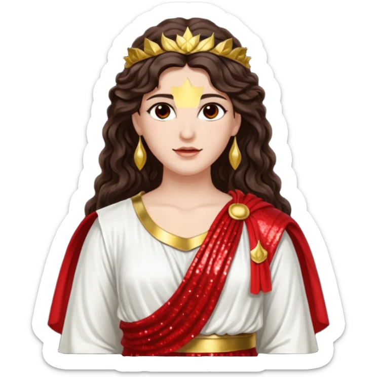 Libertas, Goddess of Freedom from Roman Deities with long dark brown wavy hair, white and red sequin toga sticker