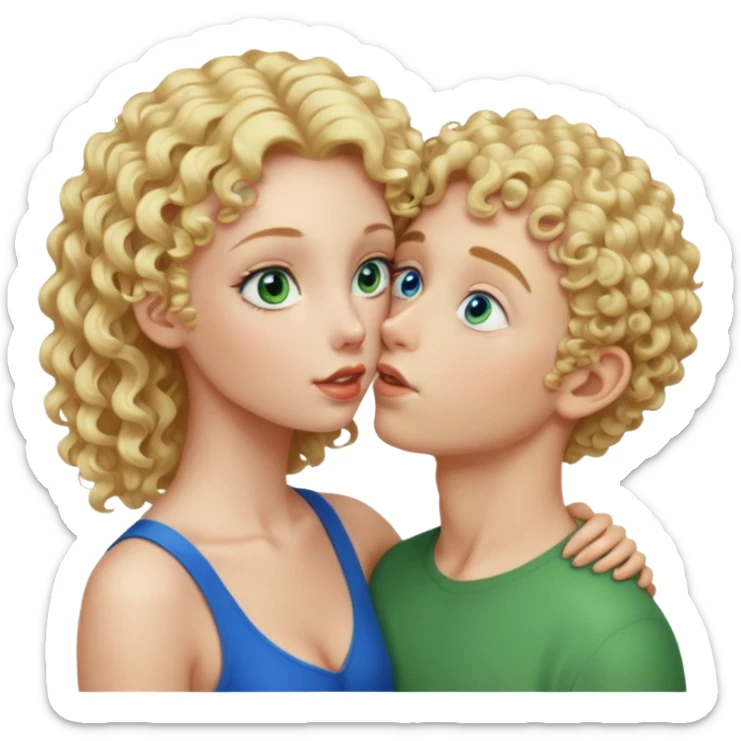 Tall curly blonde girl blue eyes pale kissing hairless boy with green eyes  sticker