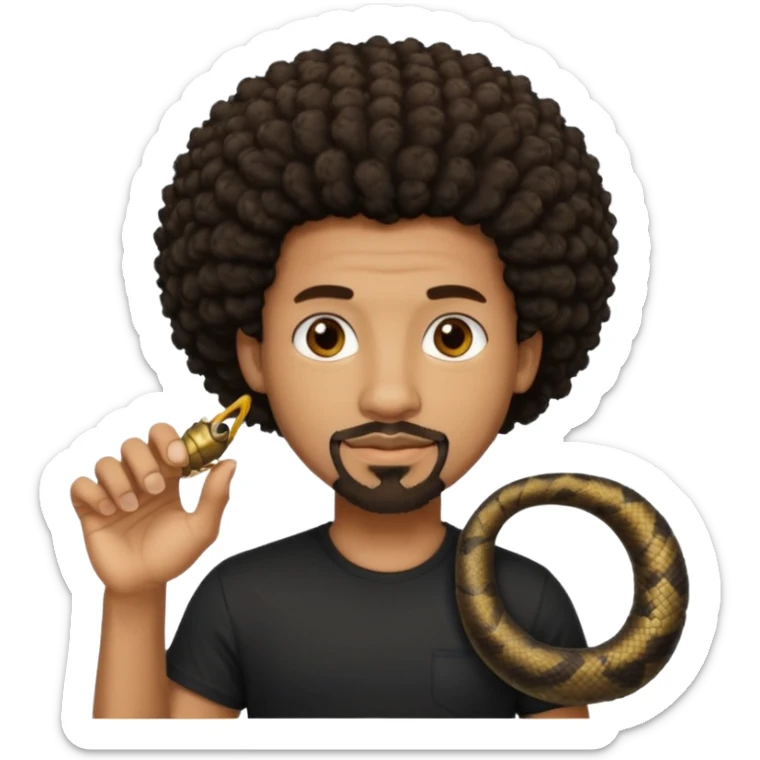 Homme noir, yeux marron avec un bouc sans la moustache, cheveux court et bouclé crépus avec un dégradé sur le côté, avec un cobra à côté , t-shirt noir  sticker