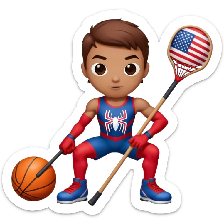 Spider-Man with an American flag holding a basketball and hockey stick sticker