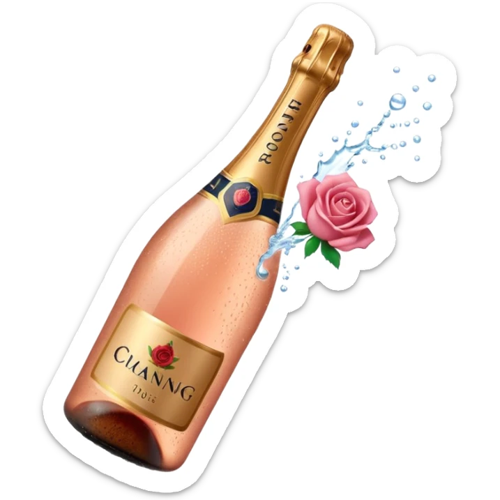 bottle of sparkling rosé champagne with a rose logo on the label, with the cork popping out, tilted up and to the left, no glass sticker