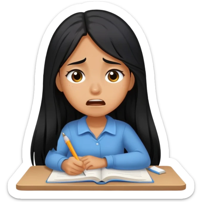 Pretty tanned girl with long black hair, crying out about homework sticker