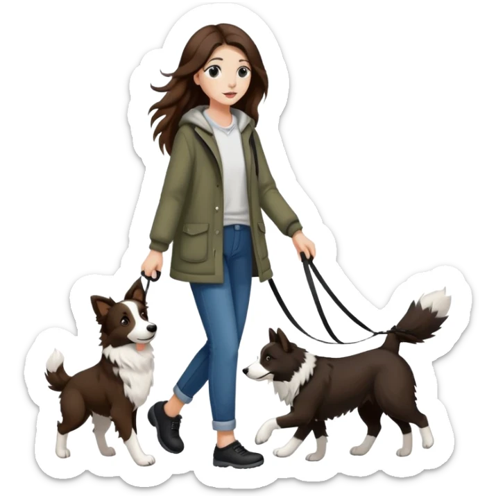 A beautiful girl with long brown hair walks a black and white Border Collie sticker