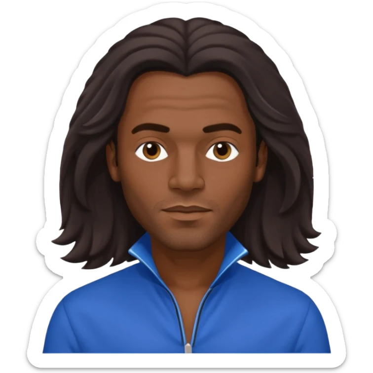 Fabrice Morvan, French Singer (b.1966) with dark skin, long brown hair, blue outfit sticker