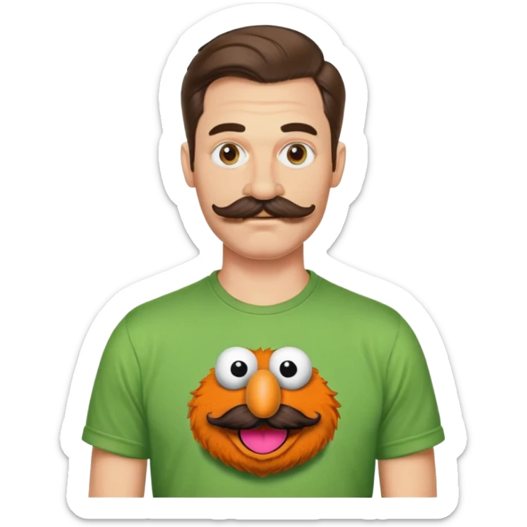 Sexy man who is six foot two in a muppets t shirt and handle bar moustache sticker