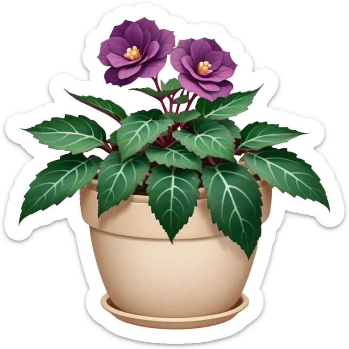 Begonia Rex with dark green leaves, purple edges, white spots in the middle, and prominent spiral centers where leaves grow from, in a beige pot sticker
