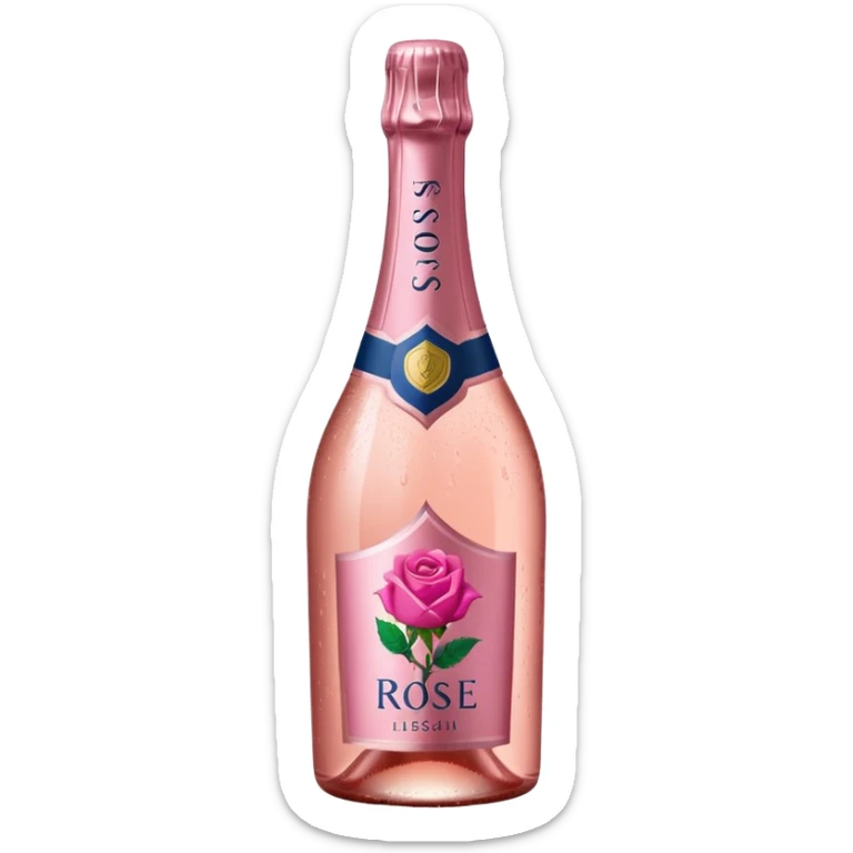 bottle of sparkling rosé with a rose logo on the label, angled to the left, no glass sticker