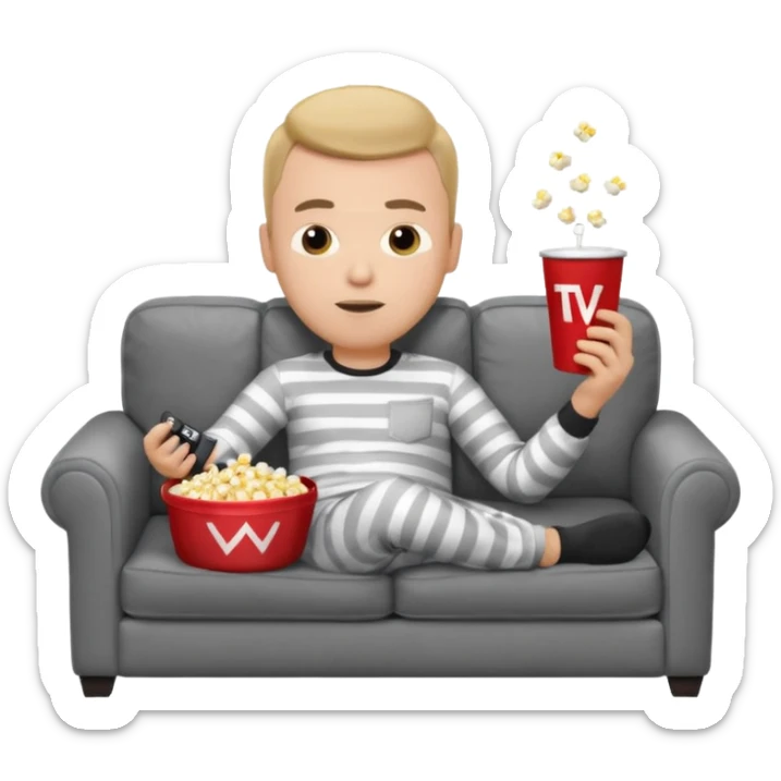 male memoji, lazy man in pajamas, lying on couch, holding TV remote, relaxed face, casual home vibe, popcorn bucket, watch tv sticker