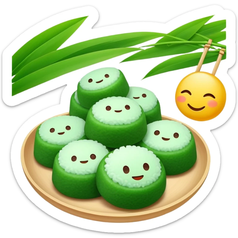 Qingming Festival green rice balls Qingtuan with sweet filling, simplified emoji style with bold outlines and bright colors, cartoon style green mochi-like dessert sticker