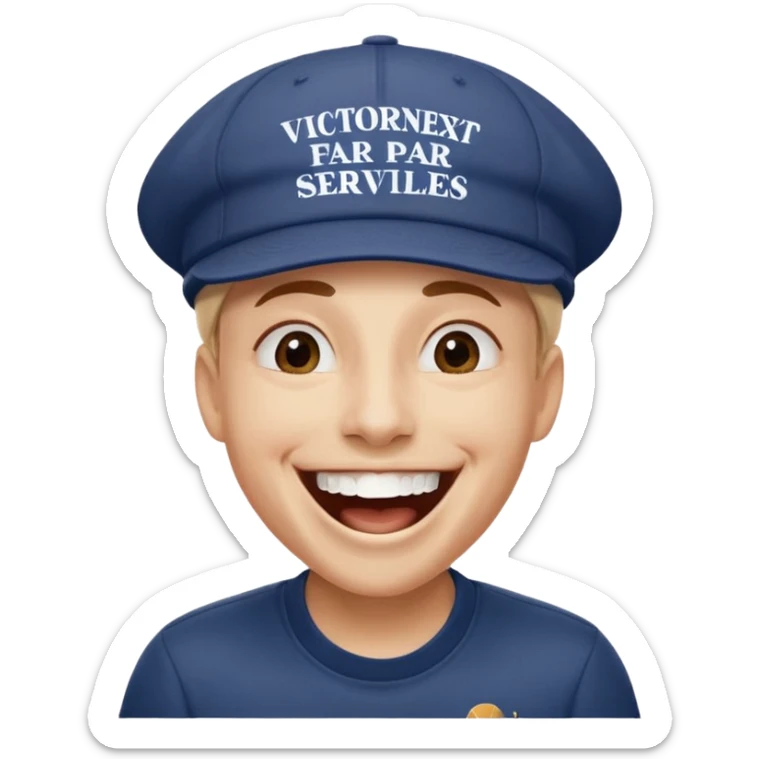 Crea una persona con una gorra de marca riéndose y abajo diga victornext siempre para serviles sticker