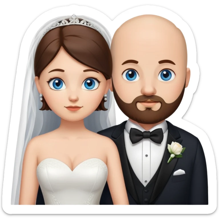 blue-eyed overweight bald man with a beard in a tux and brunette brown-eyed bride sticker