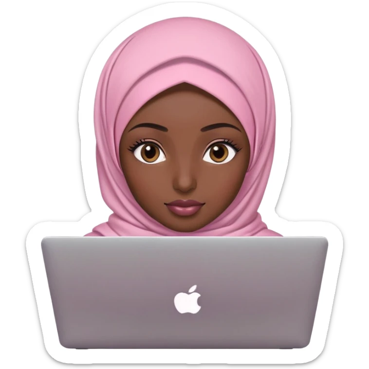Dark skin skin woman wearing light pink hijab with natural makeup, long eyelashes and lip gloss working behind laptop sticker