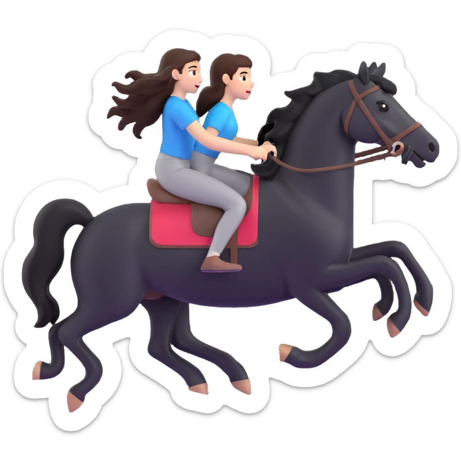 brunette girl with long hair riding a black horse without a saddle, both running, dynamic scene sticker