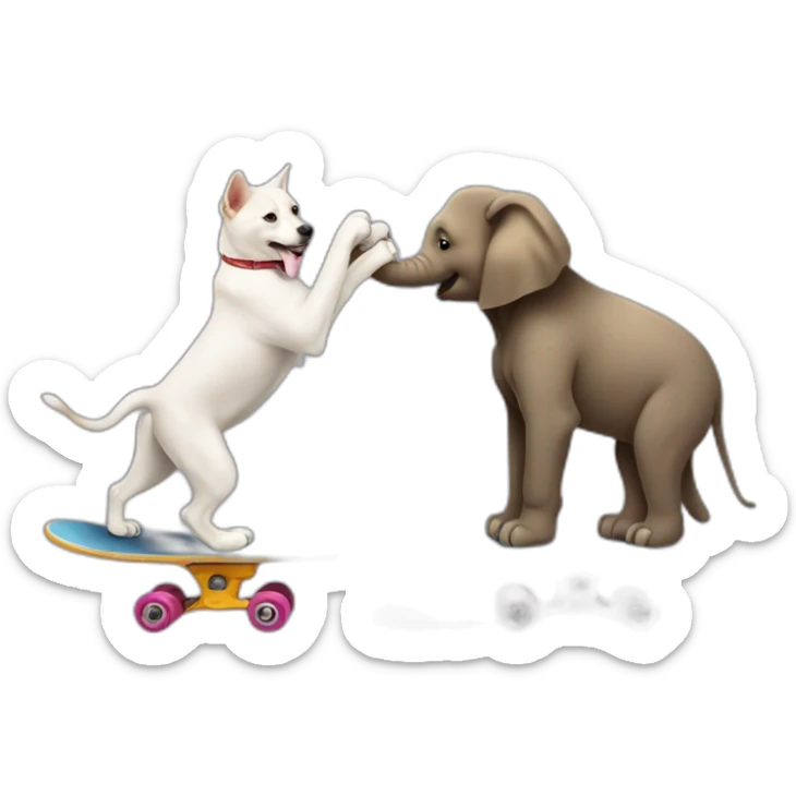 Un chien qui fait du skate avec un chat sur le dos en train de tenir un éléphant sticker
