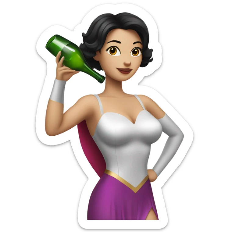 White working girl in a superwoman costume with black hair holding a champagne bottle sticker