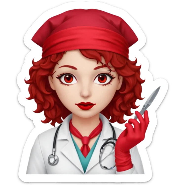 Lilith scalpel in hand, evil surgeon sexy surgeon clothes.  She has red eyes. Dark brown curly hair. Wears sexy doctor outfit with red gloves.covers her mouth necknose with red bandana to hide  her identity. Hair is long and brown sticker