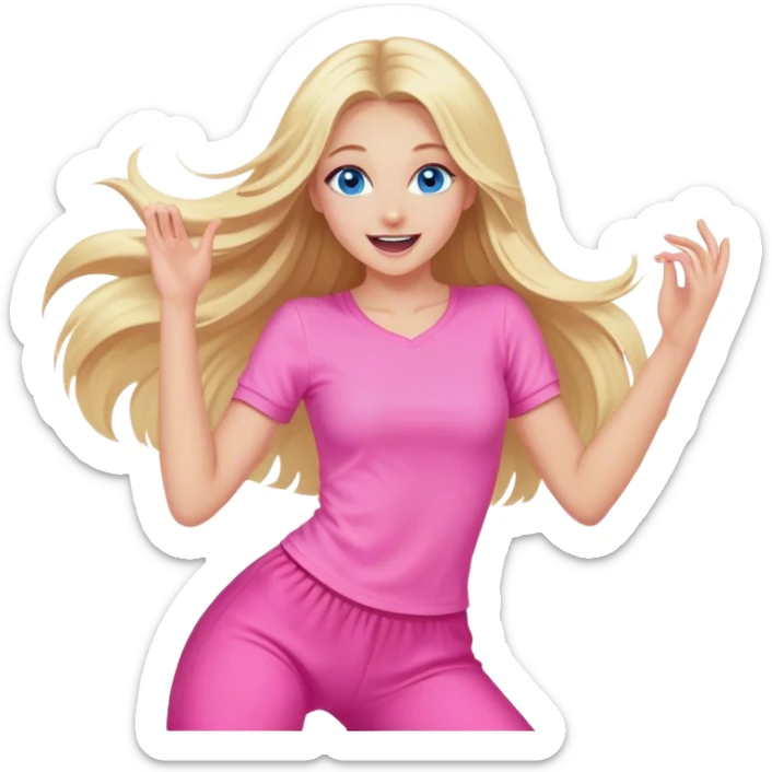 Pretty Blonde with long hair model, blue eyes In pink clothes super excited and happy dance sticker