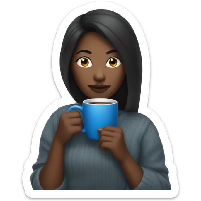 black woman, straight hair, holding blue mug of coffee with a cozy expression sticker