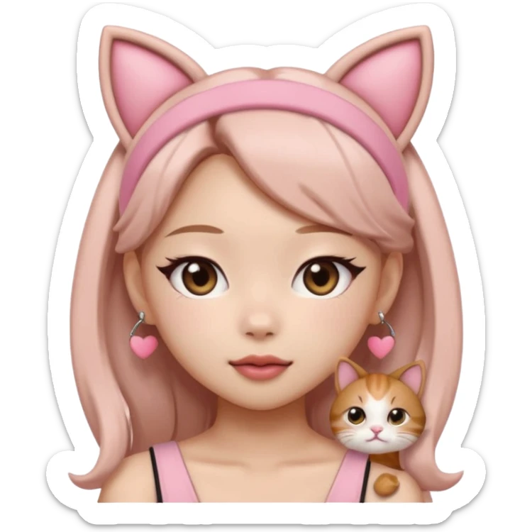 “Cartoon emoji of Jennie from BLACKPINK, heart-shaped face, almond upturned eyes, defined jawline, soft blush, chic expression, cat ears headband” sticker