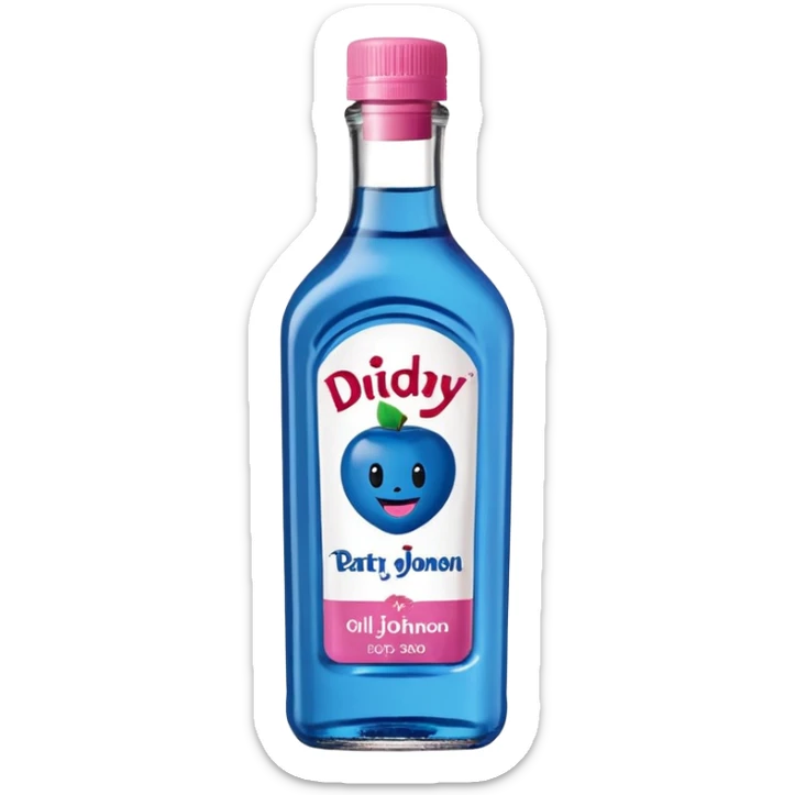 bottle of oil blue top pink outside with logo that says Diddy Party oil Johnson and Johnson  brand with a smiling berry on top sticker