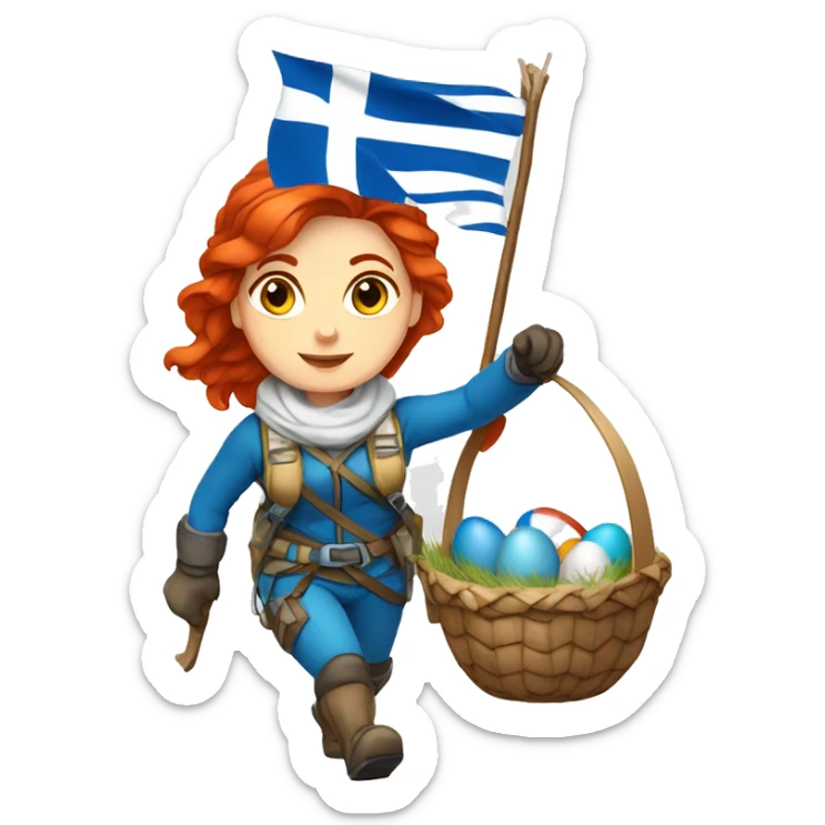 Greek Female winter mountaineer red hair white skin climbing with Greek Flag and Easter eggs basket sticker