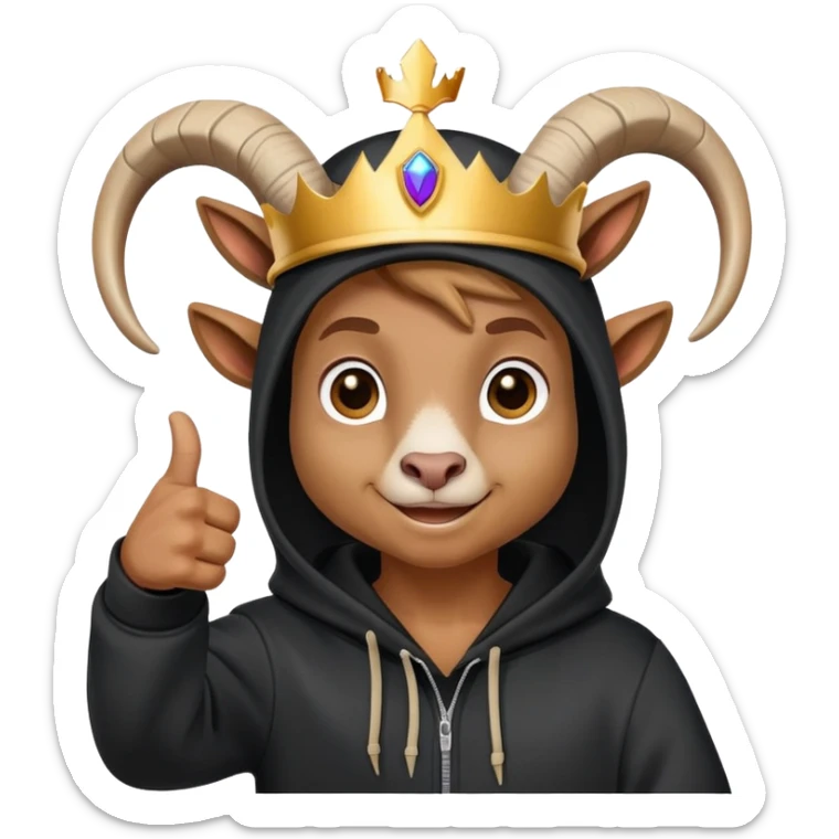 Goat with horns wearing black hoodie and a royal crown thumbsup sticker