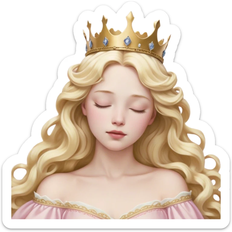 Cinematic Realistic Sleeping Beauty (Aurora) Portrait, with porcelain-like skin featuring a natural rosy flush, illuminated by soft lighting that highlights the gentle contours of her face. Her golden blonde hair flows in soft, detailed waves with subtle highlights that shimmer in the light. Her deep violet-blue eyes radiate warmth and innocence, framed by arched brows and long lashes. With a soft, serene smile, she holds a delicate rose gently in one hand, her other hand resting lightly by her side. She is dressed in her classic pink gown, the fabric rich in texture with delicate folds that catch the light. A golden crown rests atop her head, gleaming with royal refinement. The portrait captures a soft, glowing aura, blending realism with an ethereal sense of beauty and timeless enchantment. sticker
